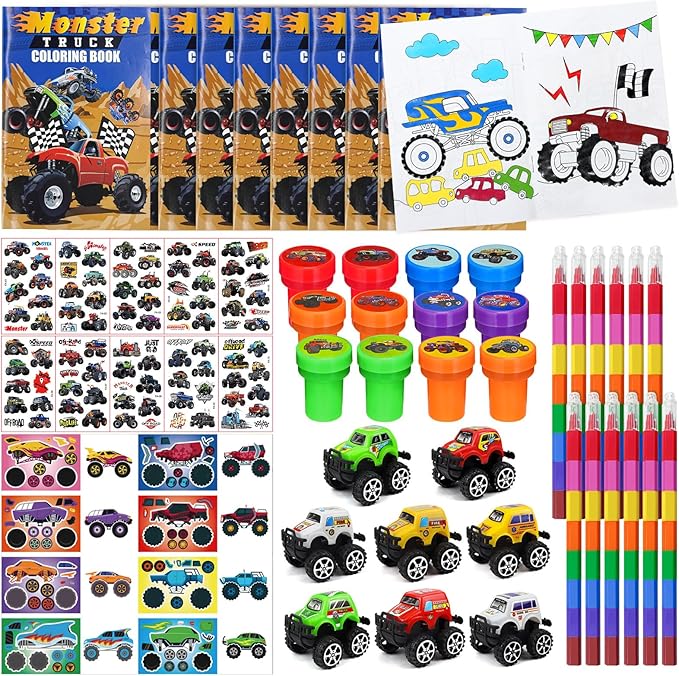 Cinrobiye 72Pcs Monster Truck Coloring Book with Crayons Bulk,Truck Car Party Favors Goodie Bags Fillers,Hot Wheels Birthday Party Supplies Face Stickers Tattoo Prizes Gift for Monster Truck Party