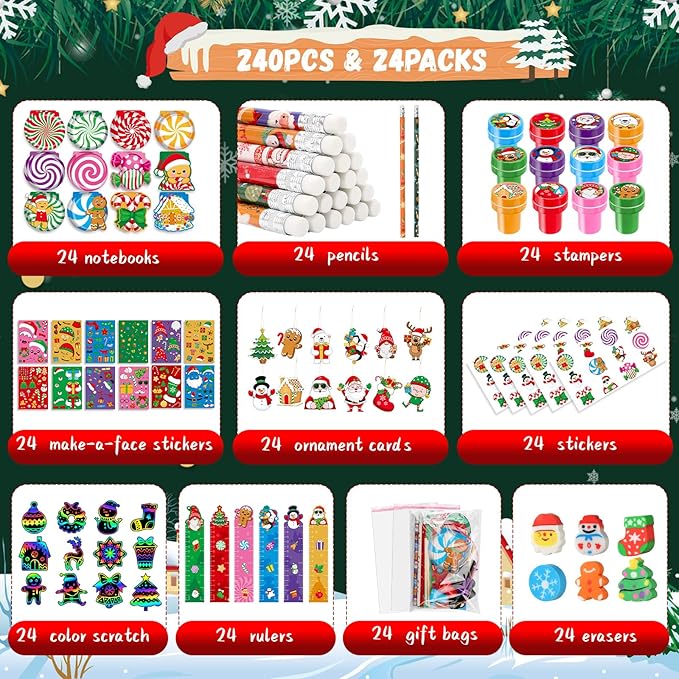 BenLouis Christmas School Stationery Set Party Favors Xmas Classroom Gift Prizes Bulk for Students Kids Holiday Stockings Pinata Filler Christmas School Goodie Bag Stuffers Decor(12set Gingerbread)