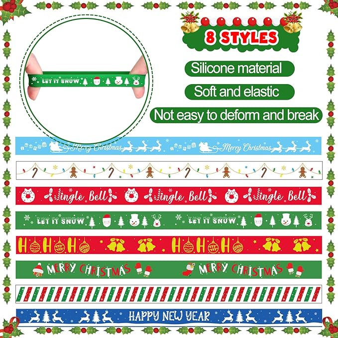 NEBURORA 72pcs Christmas Silicone Bracelet 8 Style Rubber Wristband Xmas Pattern Wrist Band for Merry Christmas Theme Party Decor Supplies