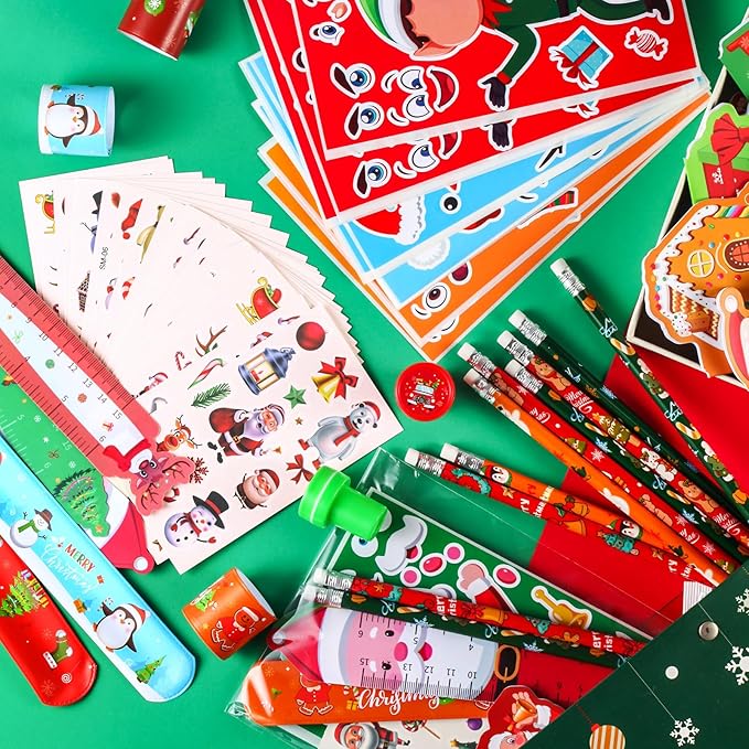 BenLouis Christmas School Stationery Set Party Favors Xmas Classroom Gift Prizes Bulk for Students Kids Holiday Stockings Pinata Filler Christmas School Goodie Bag Stuffers Decor(12set Christmas)