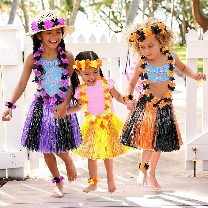 Fortuning's JDS Girl's Hawaiian Hula Grass Skirt for Luau Party Kids Flowers Outfits for Luau Tropical Beach Party Decor