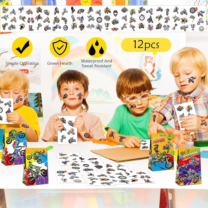 Dirt Bike Party Favor Supplies, Including Gift Bag Tattoo Stickers Badge Slap Bracelets Silicone Wristbands DIY Stickers Keychain, for Motorcycle Theme Party Club Gift Boy Birthday Party Fillers