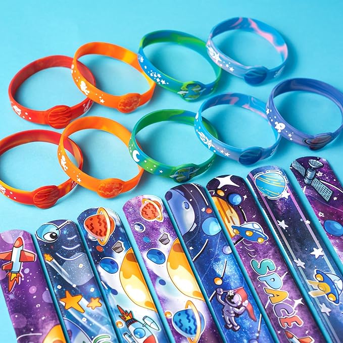 Space Party Favors, 30 Pcs Outer Space Themed Birthday Decorations, 10 Silicone Bracelet, 20 Slap Bracelet for Astronaut Kids Birthday Gift