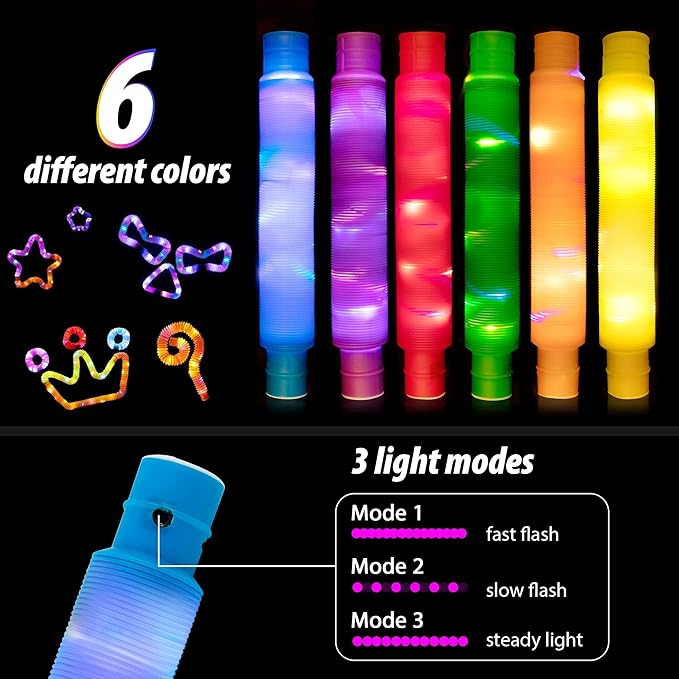 D-FantiX 12Pack LED Light Up Pop Tubes Glow Sticks, Glow Fidget Toy in The Dark Necklaces Bracelets, Birthday Party Favor for Kids, Christmas Decorations Supplies Goodie Bag Stuffers for Boys Girls