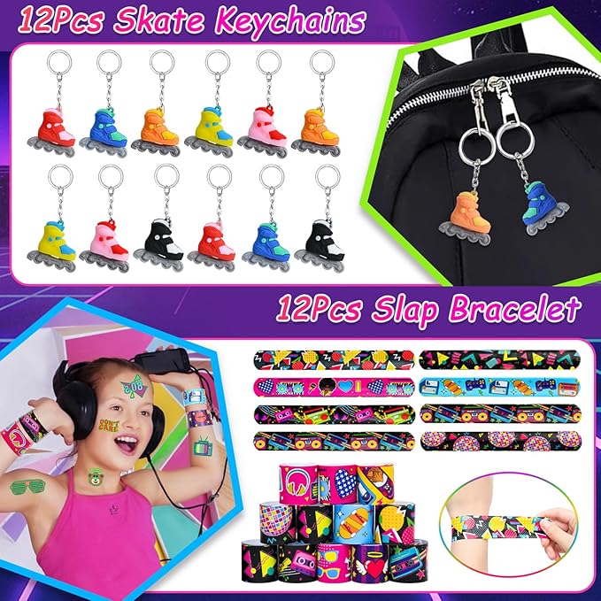 Winrayk 84Pcs 80s 90s Party Favors Birthday Supplies Shutter Glasses Gift Box Glove Necklace Hair Tie Glow Sticker Slap Bracelet Keychain Adult Teen Kid Retro Hip Hop 80s 90s Party Supplies Decoration