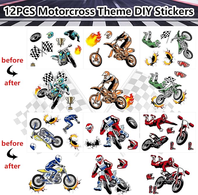 Dirt Bike Party Favor Supplies, Including Gift Bag Tattoo Stickers Badge Slap Bracelets Silicone Wristbands DIY Stickers Keychain, for Motorcycle Theme Party Club Gift Boy Birthday Party Fillers