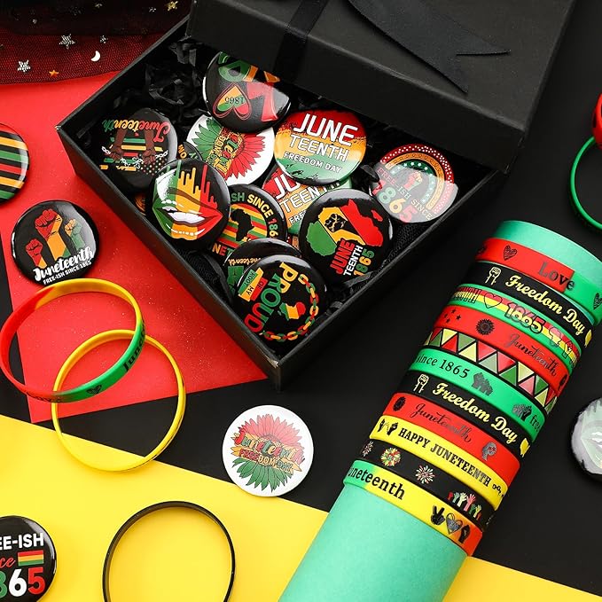 64PCS Happy Juneteenth Day Party Favors Supplies Freedom Day Button Badges Pins Silicone Bracelets for African American Juneteenth Free-ish Since 1865 Party Decorations Bag Stuff Fillers