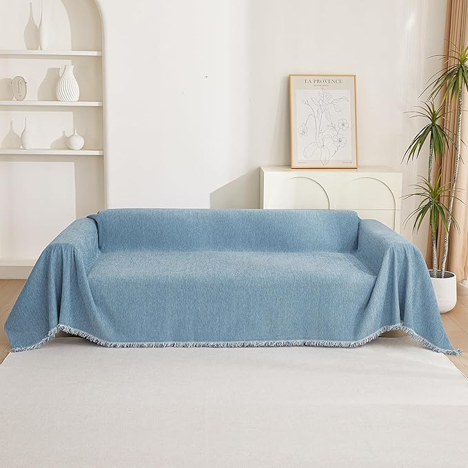 MYSKY HOME Sectional Couch Cover Blanket Living Room Furniture Protector for Pets, Farmhouse Home Decor Sofa Covers Tassel Chenielle Sofa Slipcover Soft Throw Couch for Dogs, 71" X 150", Blue
