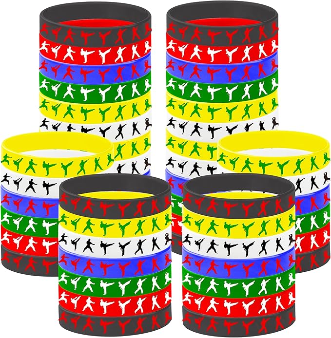 CupaPlay 48 Taekwondo Karate Rubber Bracelets Kung Fu Wrestling Theme Party Supplies Decorations Birthday Baby Shower Silicone Wristbands Party Favors
