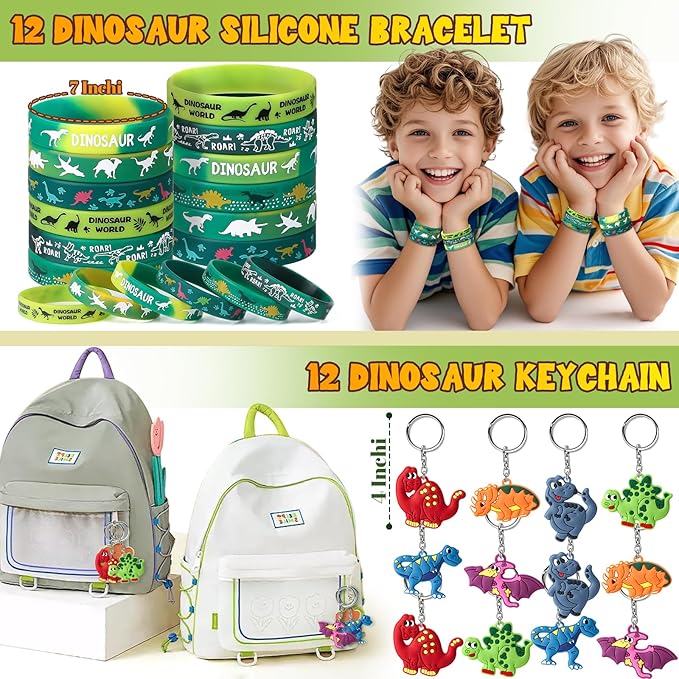 Dinosaur Party Favors Birthday Supplies, Dino Scratch Notebooks Straw Drawing Stencil Dinosaur Figures Keychain Silicone Bracelet Sticker, Dinosaur Birthday Party Goodies Bag Stuffer Filler