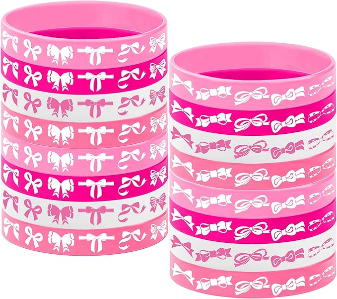 Yuanhoo 24PCS Pink Bow Rubber Bracelet Bow Wristbands Party Favors Bow Themed Birthday Hoilday Baby Shower Wedding Party Supplies Decorations