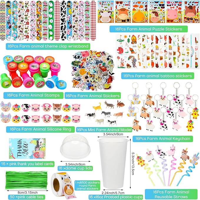 Poen 212 Pcs Farm Animal Party Favors Set Include Cup Straw Stamp Clap Bracelet Keychain Ring Puzzle Sticker Animal Miniature Card for Birthday Party Baby Shower Goody Bag Stuffer