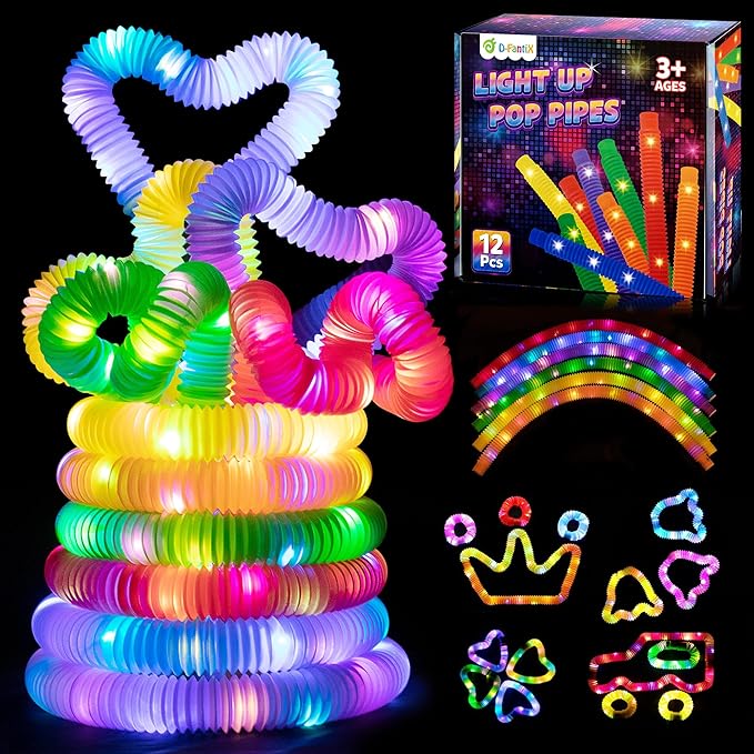 D-FantiX 12Pack LED Light Up Pop Tubes Glow Sticks, Glow Fidget Toy in The Dark Necklaces Bracelets, Birthday Party Favor for Kids, Christmas Decorations Supplies Goodie Bag Stuffers for Boys Girls