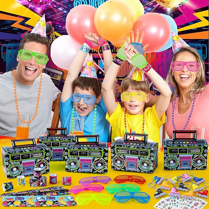 Winrayk 84Pcs 80s 90s Party Favors Birthday Supplies Shutter Glasses Gift Box Glove Necklace Hair Tie Glow Sticker Slap Bracelet Keychain Adult Teen Kid Retro Hip Hop 80s 90s Party Supplies Decoration