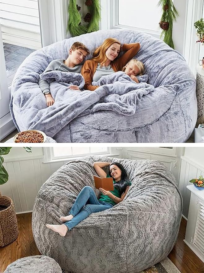 Bean Bag Chairs for Kids Comfy Fluffy Big Joe Bean Bag Chair Cover Without Filler Round Sofa Chairs for Bedroom Living Room Decor, 5FT, Silver Blue