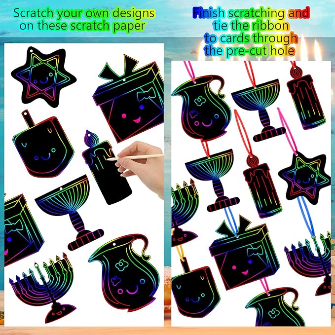 Qilery 64 Pcs Chanukah DIY Scratch Cards Set Hanukkah Party Supplies Favor Rainbow Color with Wooden Styluses Hanukkah Craft Kit for Kid Birthday DIY Art Hanukkah Themed Party Classroom Decor