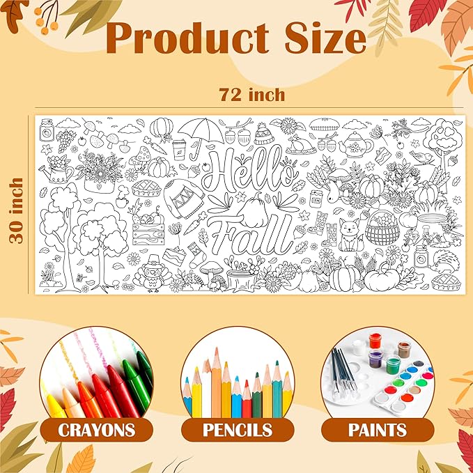 OHOME Fall Giant Coloring Poster/Tablecloth - Fall Decorations for Home - 30 x 72 Inches Jumbo Coloring Banner Kids Crafts Activities Decor Party Decorations
