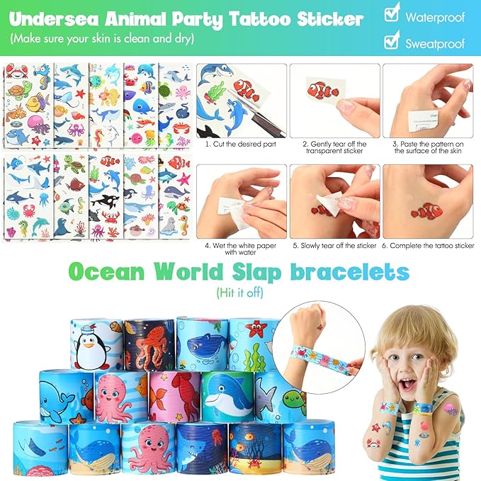 Poen 212 Pcs Under the Sea Party Favors Set Include Cup Straw Stamp Clap Bracelet Keychain Ring Puzzle Sticker Animal Miniature Card for Birthday Party Baby Shower Goody Bag Stuffer