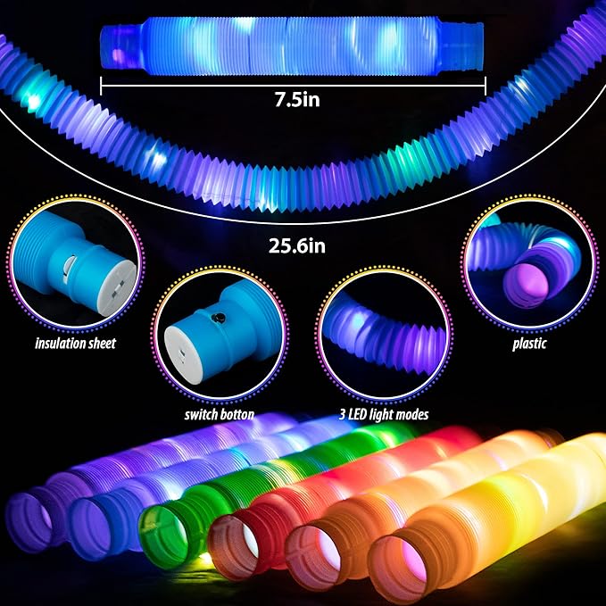 D-FantiX 12Pack LED Light Up Pop Tubes Glow Sticks, Glow Fidget Toy in The Dark Necklaces Bracelets, Birthday Party Favor for Kids, Christmas Decorations Supplies Goodie Bag Stuffers for Boys Girls
