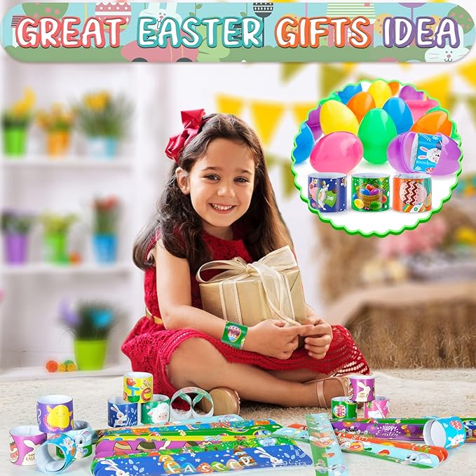 Easter Slap Bracelets 48Pcs Easter Party Favors for Kids Easter Basket Stuffers Easter Bracelets Easter Egg filler Toys Party Supplies Easter Gifts for Class Kids Goodie Bag Fillers Easter Hunt Games
