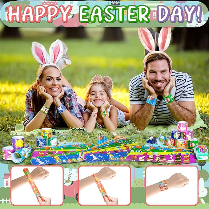 Easter Slap Bracelets 48Pcs Easter Party Favors for Kids Easter Basket Stuffers Easter Bracelets Easter Egg filler Toys Party Supplies Easter Gifts for Class Kids Goodie Bag Fillers Easter Hunt Games