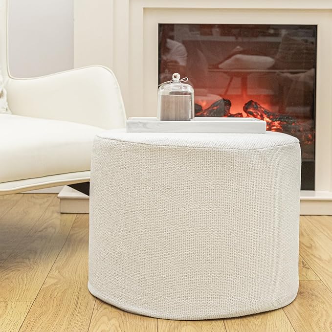 Sturdy Boucle Pouf Ottoman Foot Rest Nice Living Room Decor Lightweight Ottoman Pouf Filler Comfort Pouf Cover Modern Foam Stuffed Poof Perfect to Rest Your Feet No Need Assemble Ivory