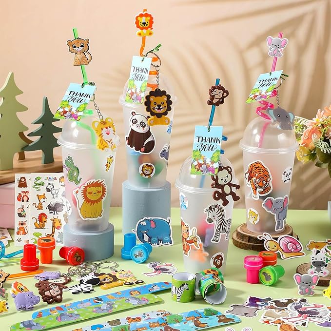Poen 212 Pcs Jungle Party Favors Set Include Cup Straw Stamp Clap Bracelet Keychain Ring Puzzle Sticker Animal Miniature Card for Birthday Party Baby Shower Goody Bag Stuffer