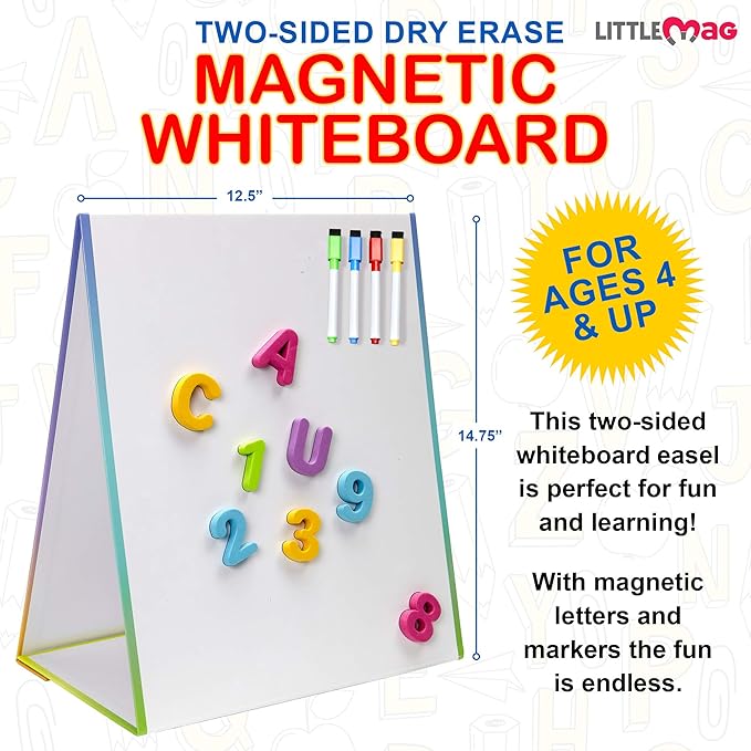 Magnetic Easel and Whiteboard for Kids – 4 Dry Erase Markers, 72 Magnet Numbers and Letters, and Bonus Carrying Bag – Table Top Educational Children’s Play Set