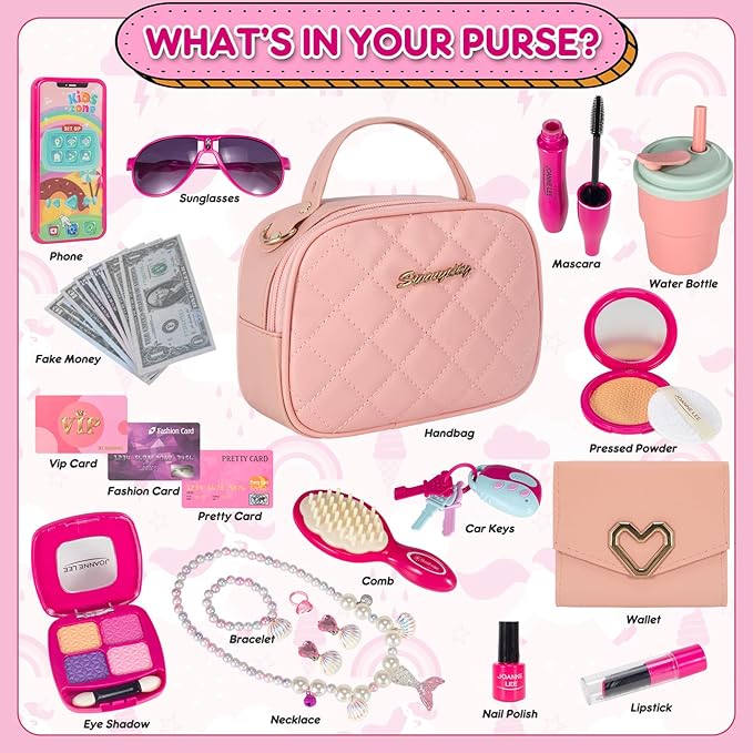 Play Purse for Little Girls, Toddler Purse with Accessories and Pretend Play Makeup Kit, My First Purse Set Includes Pink Handbag, Wallet, Toy Phone, Kids Toy, Christmas Birthday Gift Set for Age 3+