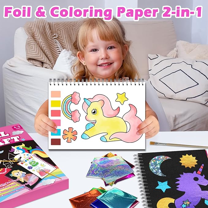 SOOVSY Art & Craft Activity Toys Kit, Foil Animals Crafts Children Fun DIY Creative Toy of The Year, No Mess Art Kits for Kids, Gift for Boys Girls Ages… (Unicorn&Coloring)