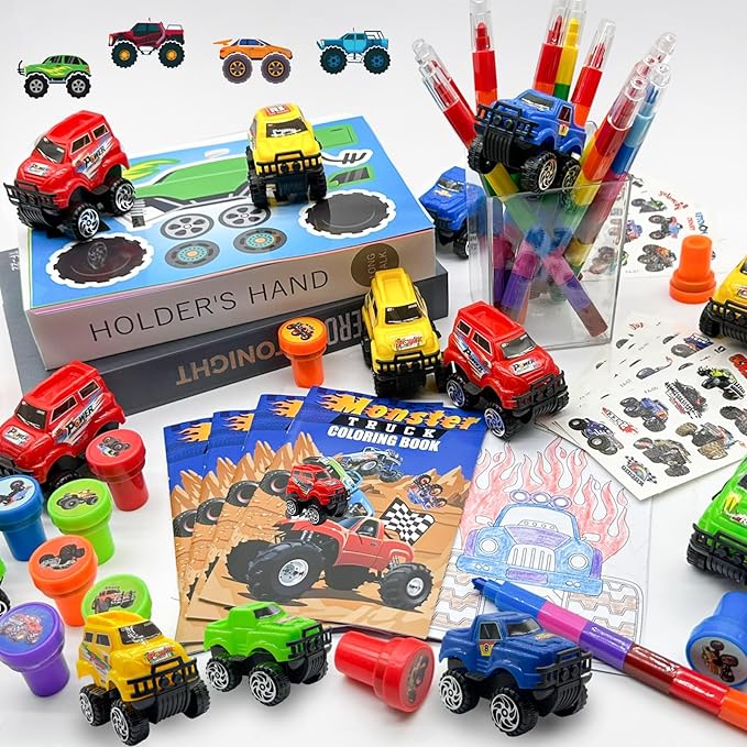 Cinrobiye 72Pcs Monster Truck Coloring Book with Crayons Bulk,Truck Car Party Favors Goodie Bags Fillers,Hot Wheels Birthday Party Supplies Face Stickers Tattoo Prizes Gift for Monster Truck Party