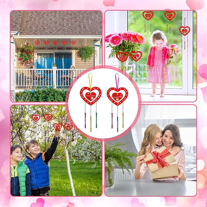 Fennoral 27 Pack Heart Wind Chime Kit for Kids Make You Own Red Heart Wind Chimes Valentine's Day Wooden Ornaments for Kids Art and Craft Valentine's Day Gifts Party Decoration