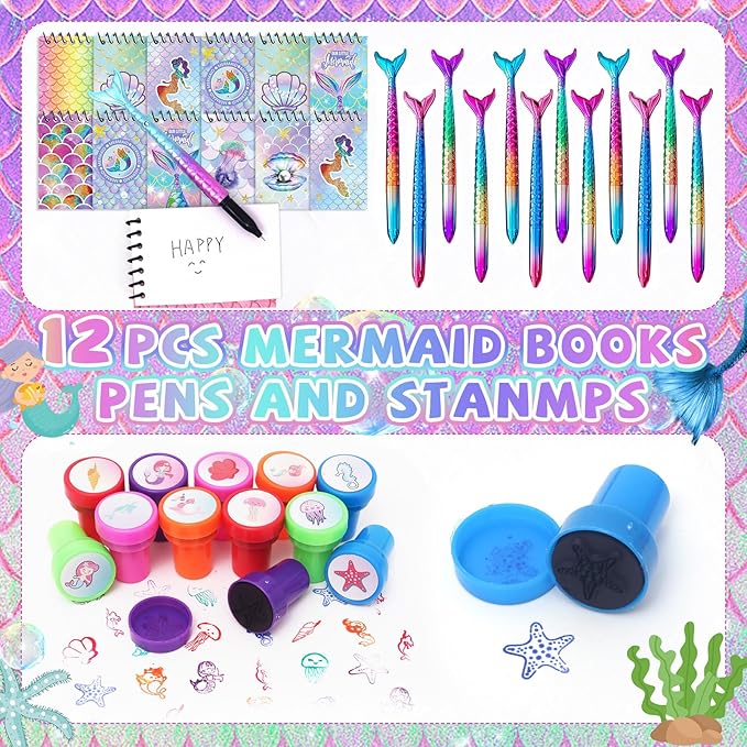 Mermaid Party Favors- Ocean Sea Party Toys Sets for 12 Children Decorations, Goodie Bag Fillers 96 PCS for Kids Summer Party Supplies, Necklace, Bubble Wands Girls Mermaid Birthday Party Favors