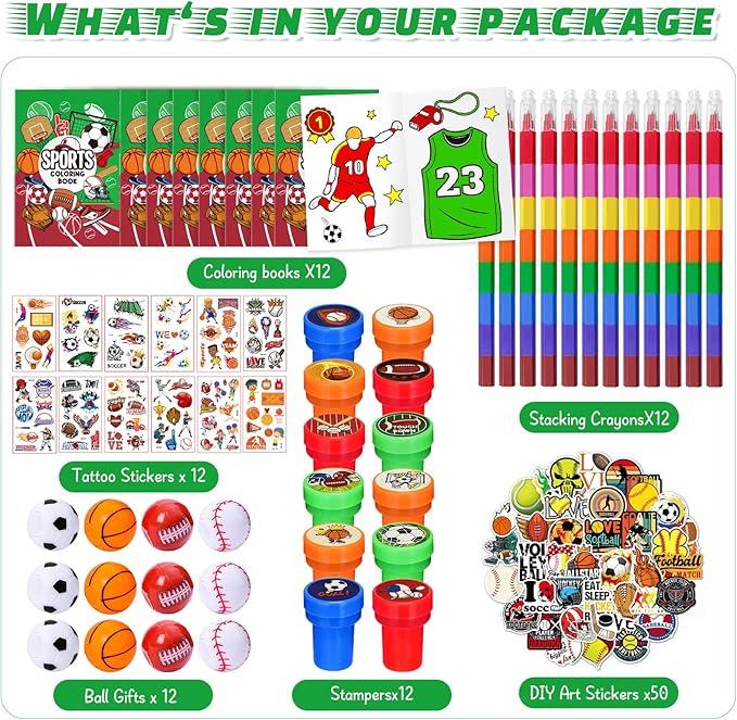 Cinrobiye 72 Pieces Sports Party Favors,Sports Goodie Bags Fillers ,Sports Coloring Book with Crayons,Ball birthday Party Supplies,Sports Games Class Prizes Gift for Classroom Sports School Party