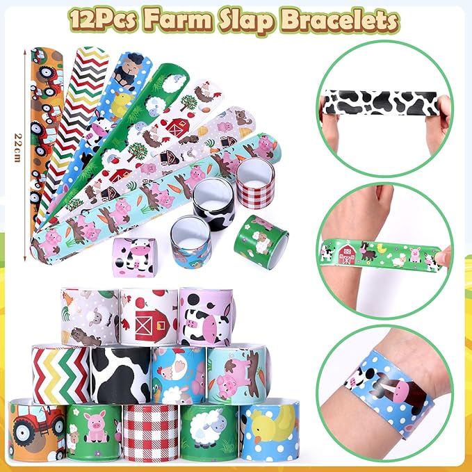 Winrayk 98Pcs Farm Animals Party Favors Barnyard Birthday Supplies, Drinking Straw Mini Bubble Wand Slap Bracelet Keychain Sticker Teen Kid Farm Theme Pinata Filler Goody Bag Stuffer Farm Party Favors