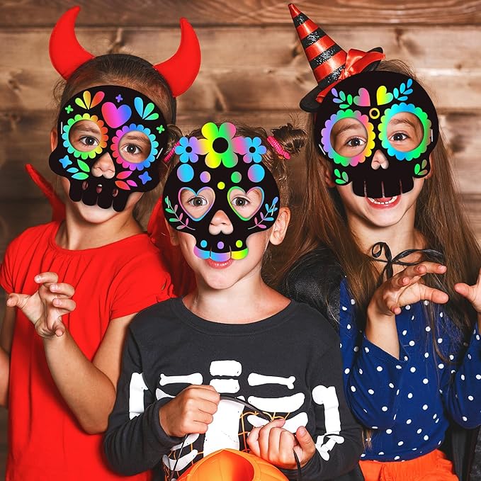 Deekin 60 Pcs Day of The Dead Scratch Masks Skulls Arts and Crafts Gift Set Halloween Skull Scratch Party Favors DIY Art Mask Craft Kit for Mexican Dia De Los Muertos Activity Party Decoration