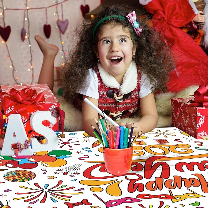 OHOME Happy New Year Giant Coloring Poster/Tablecloth - New Years Decorations 2025-30 x 72 Inches Jumbo Coloring Banner Kids Crafts Activities Party Decorations | New Years Eve Party Supplies