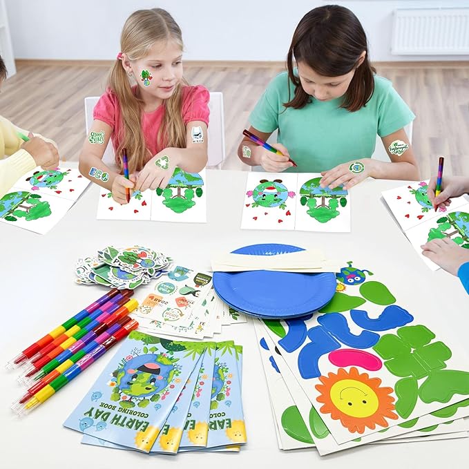 Cinrobiye 72 Pcs Earth Day Party Favors Gifts,Save the Planet Coloring Books with Stacking Crayons,Earth Party Crafts DIY Kit,Travel Party Stickers World Environment Day Decorations for Classroom