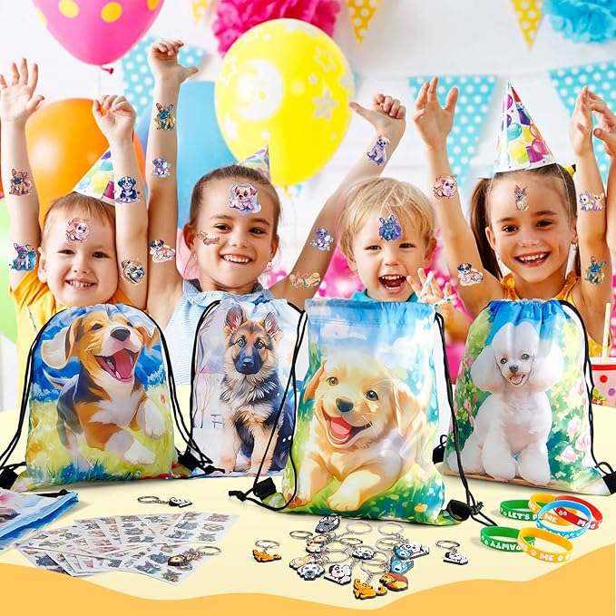 Dog Party Favors Birthday Supplies, Puppy Drawstring Bag Keychain Silicone Bracelet Tattoo Sticker, Paw Birthday Party Favor Goodie Bag Stuffers Fillers Classroom Rewards for Kids