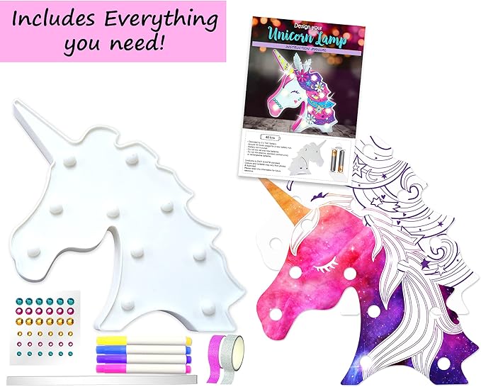 KRAFUN Easy DIY Unicorn LED Night Light Kids Lamp Kit for Girl Crafts β My First Beginner Arts and Crafts Gift, STEM STEAM Toys Painting Lamp with Marker for Age 5 6 7 8 9 10 11 12 Year Old