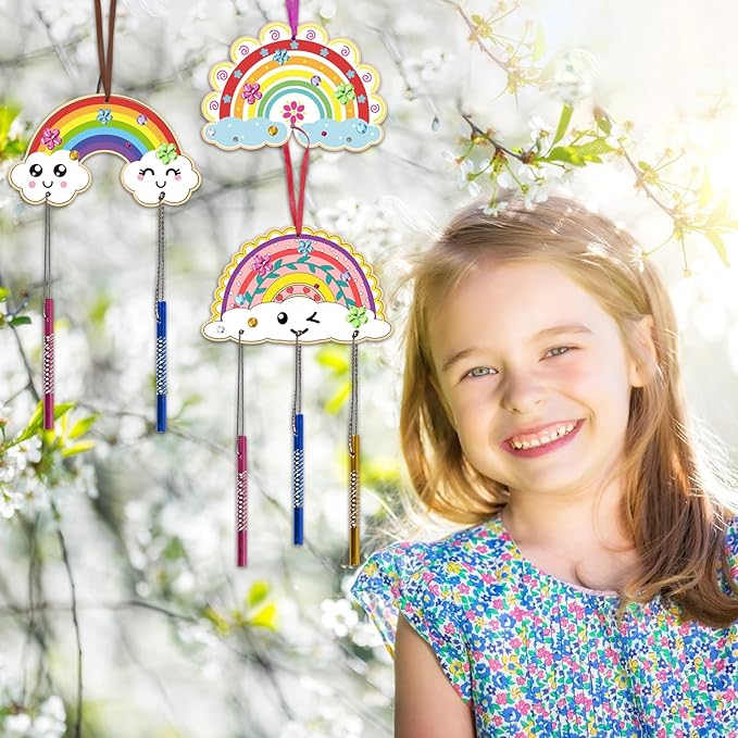 Fennoral 10 Rainbow Wind Chime Craft Kits for Kids Make Your Own Wind Chime Ornament DIY Coloring Wooden Art and Craft for Classroom Art Projects Spring Christmas Birthday Decorations
