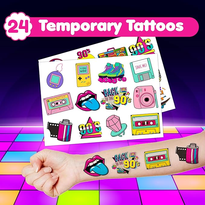 48PCS 90s & 80s Party Favors - 24PCS Tattoos & 24PCS Slap Bracelets, Retro 90s Birthday Party Supplies Decorations, Ideal for Kidsâ Classroom Prizes & Rewards for Boys & Girls
