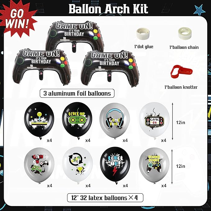 Video Game Birthday Decorations, 168 Pcs Black Gaming Party Supplies Serves 10 Guests Birthday Themes for Boys