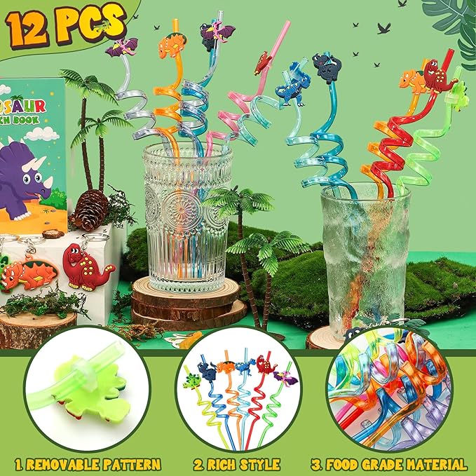 Dinosaur Party Favors Birthday Supplies, Dino Scratch Notebooks Straw Drawing Stencil Dinosaur Figures Keychain Silicone Bracelet Sticker, Dinosaur Birthday Party Goodies Bag Stuffer Filler