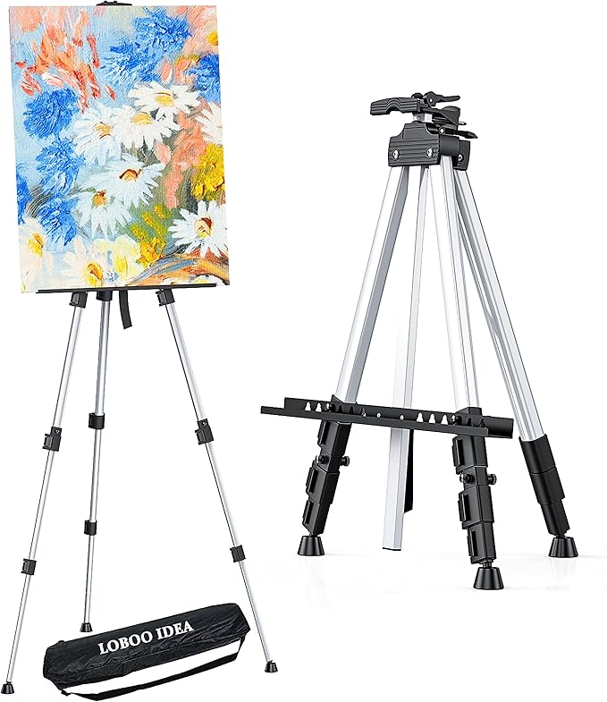 Portable Artist Easel Stand, Art Drawing Easels for Painting Canvas Wedding Signs & Display,Adjustable Height Painting Easel with Bag, Height from 17" to 60",Silver