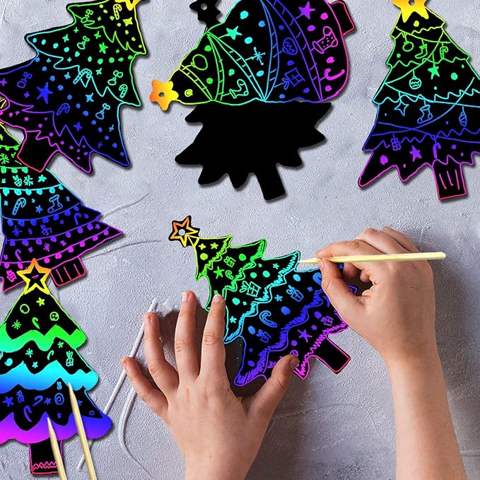 PARSUP 144Pcs Christmas Tree Scratch Paper Rainbow Color Scratch Ornaments Christmas Decorations Hanging Craft Art Kits with Wooden Stick and Ribbon for Kids Christmas Winter Party Favors