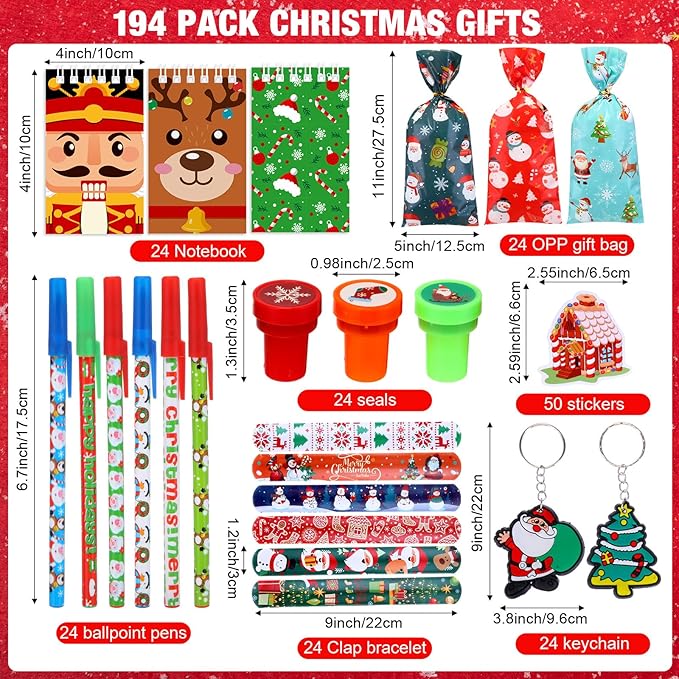 Pasimy 194 Pcs Christmas School Stationery Set Xmas Goody Bag Filler with Key Chain Slap Bracelet Pen Stationery Stocking Christmas Party Favors Assortment for Classroom Gift Prizes Reward Supplies