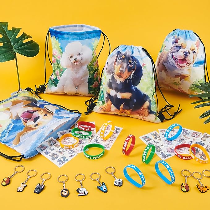 Dog Party Favors Birthday Supplies, Puppy Drawstring Bag Keychain Silicone Bracelet Tattoo Sticker, Paw Birthday Party Favor Goodie Bag Stuffers Fillers Classroom Rewards for Kids