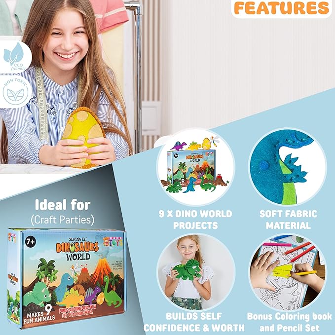 MOMOTOYS Sewing Kit for Kids, Fun & Educational Dinosaur Sew Craft Set for Boys and Girls Ages 8-12, Complete Beginner Kids Sewing Kit with Felt Plushie for Creative DIY Projects