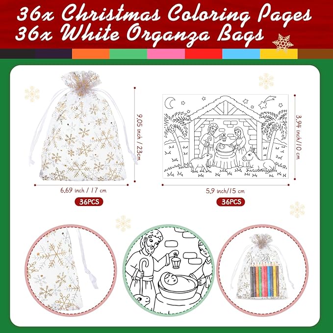 Qilery 25 Sets Christmas Activities Nativity Scene Coloring Page Bulk for Kids Coloring Page with Coloring Pencils and Organza Gift Bag Xmas DIY Art Drawing Page for Kids School Party Favor